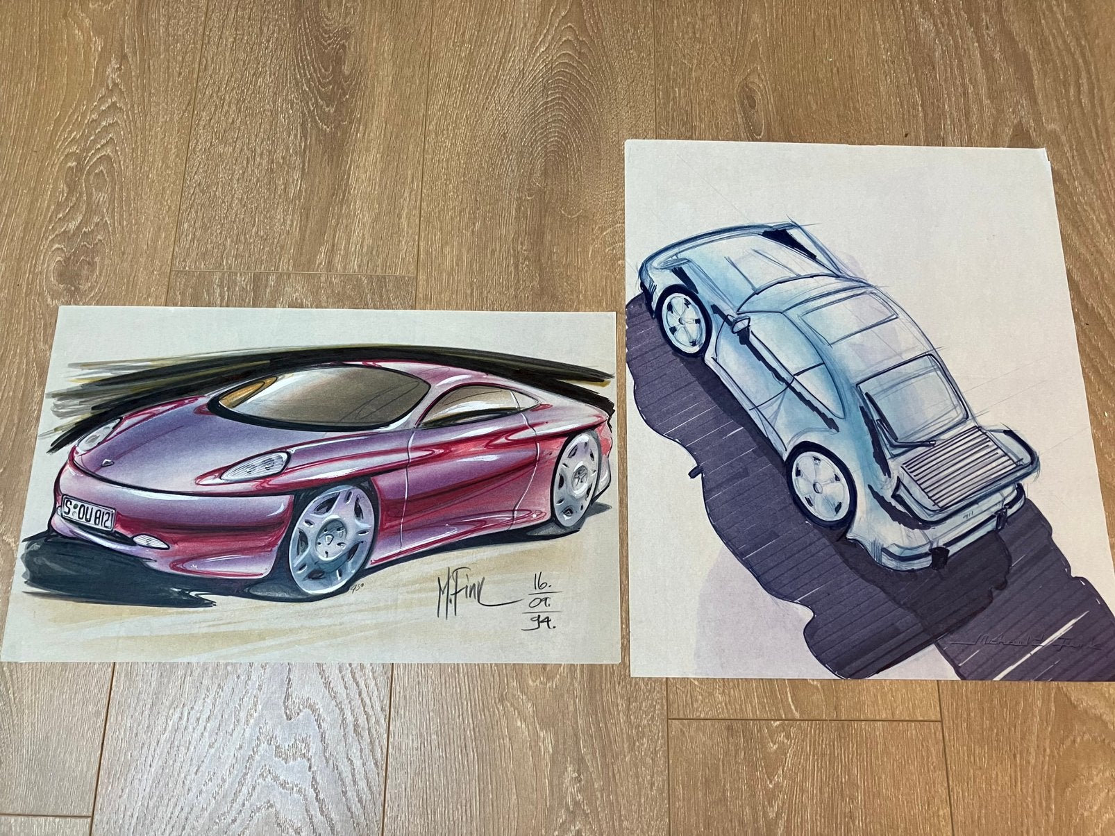 2 unieke schetsen Porsche Michael Fink, Ophalen of Verzenden
