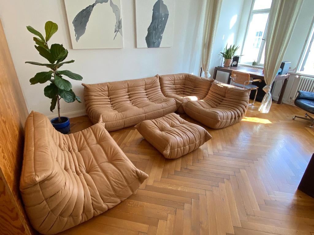 Ligne Roset - Togo - 5-delige Zithoek/Zetel Camel Bruin Leer, Verzenden, Zo goed als nieuw, Leer, Knoll vitra artifort sede b&b italia cassina mid century modern