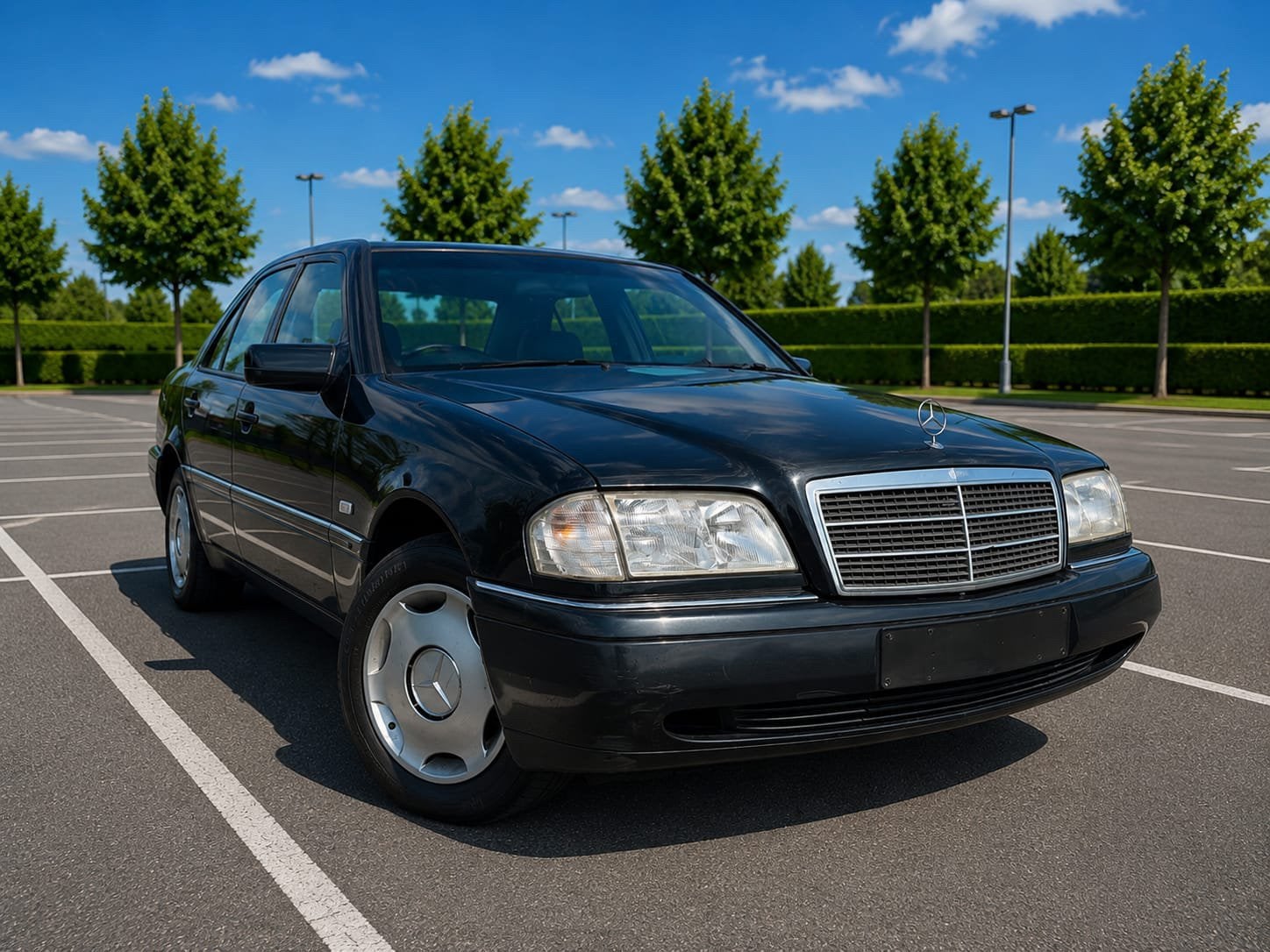 MERCEDES C200 Benzine 1e eigenaar, Auto's, Voorwielaandrijving, Stof, Zwart, Blauw