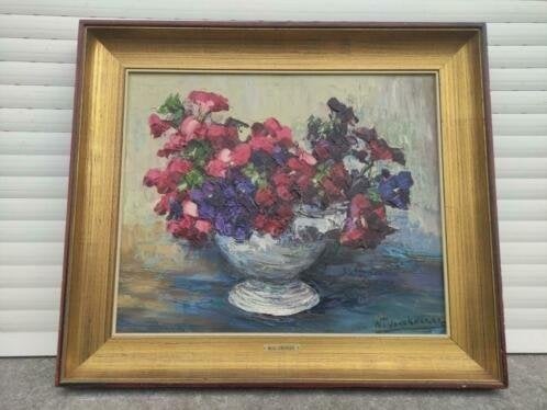 huile sur toile fleurs signe walter jonckheere, Antiquités & Art, Enlèvement ou Envoi, Fleurs, Toile