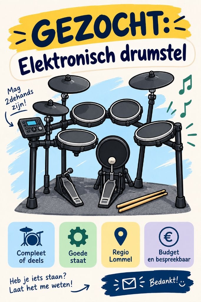 Gezocht: electrisch drumstel, Musique & Instruments, Enlèvement, Utilisé, Autres marques