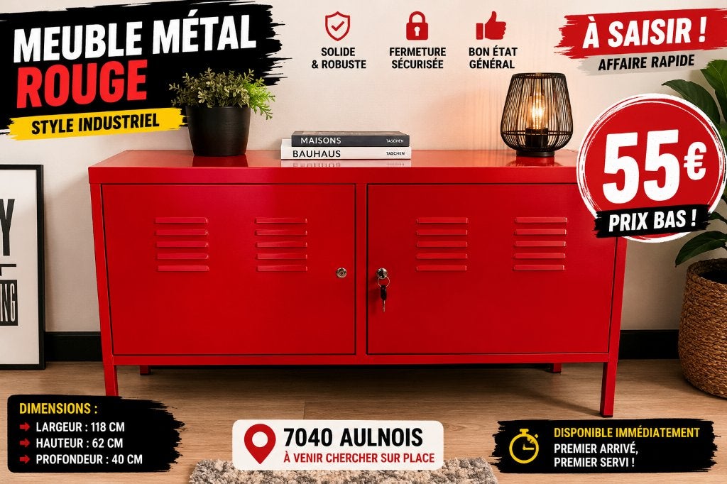 URGENT – Meuble métal rouge industriel – 55€, Ophalen, Zo goed als nieuw, Minder dan 100 cm, Metaal