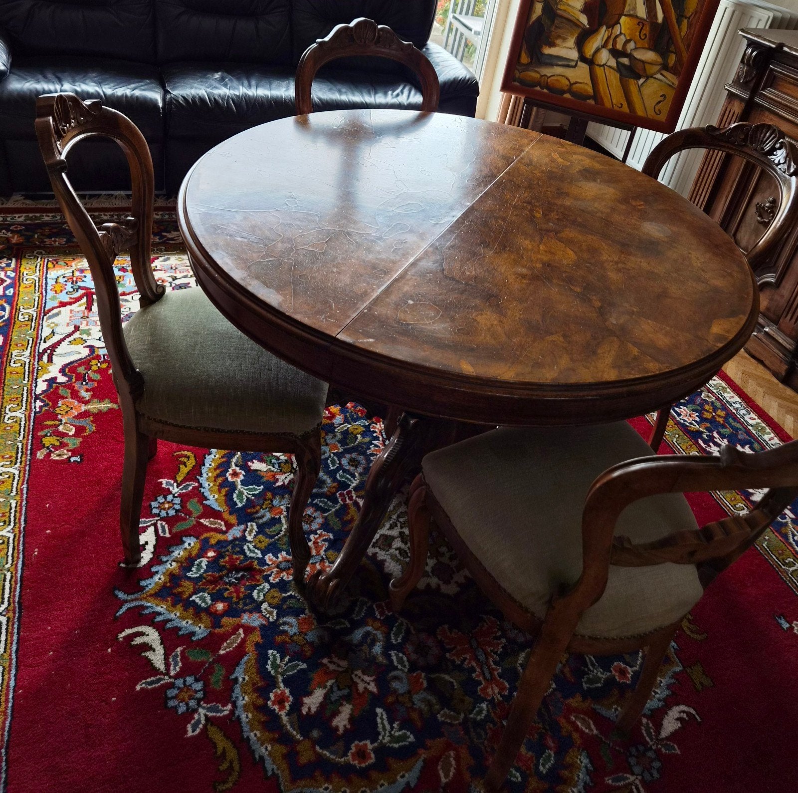 table à manger ancienne, extensible avec 6 chaises, Enlèvement