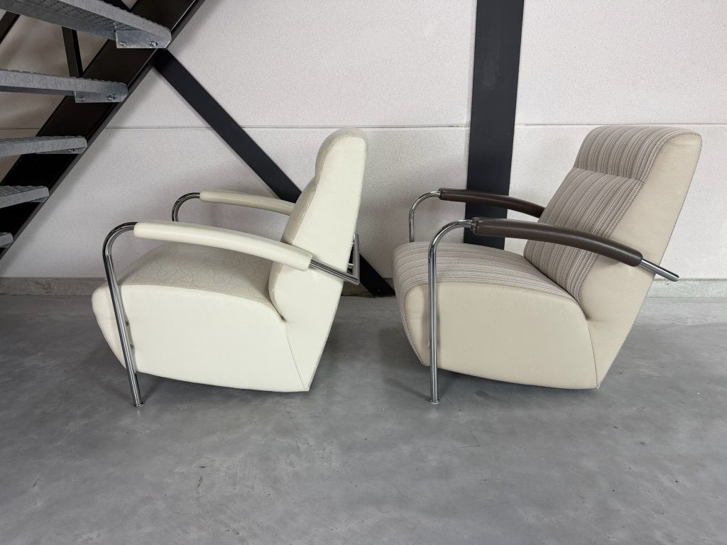 Leolux Scylla fauteuils met hocker - stof en leer, Ophalen, Kunststof, Nieuw, 75 tot 100 cm