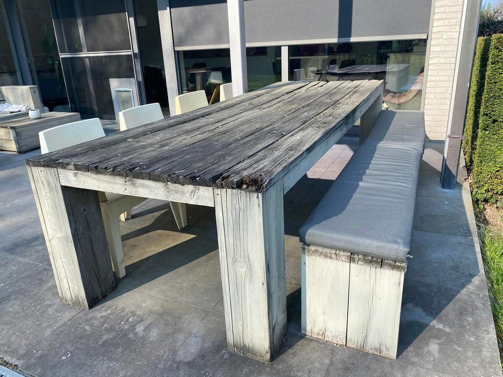 Tafel / bank, stoelen & kussen in steigerhout, Ophalen, Tuin, Gebruikt, 75 cm of meer