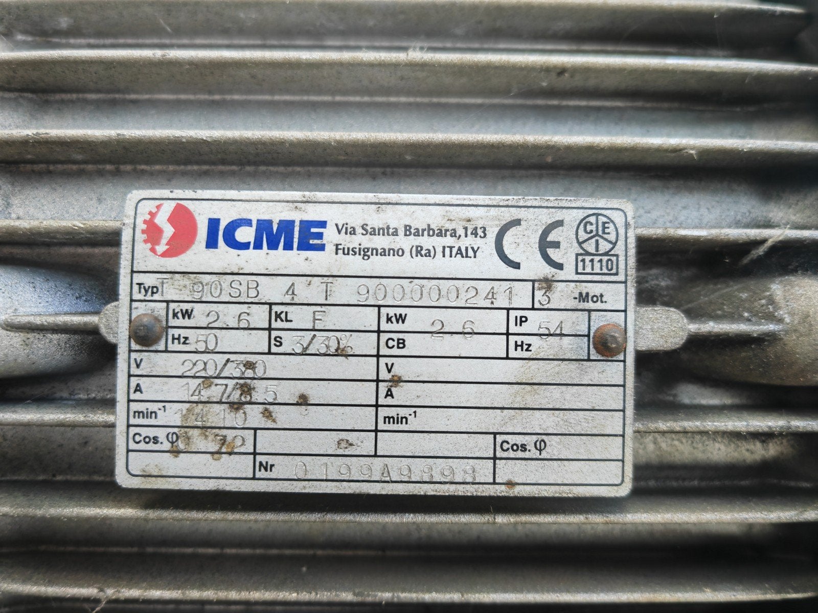 Moteur électrique triphasé ICME (Made in Italy) – 2.6 kW, Bricolage & Construction, Enlèvement, Utilisé, Moteur électrique, 1400 à 1800 tpm
