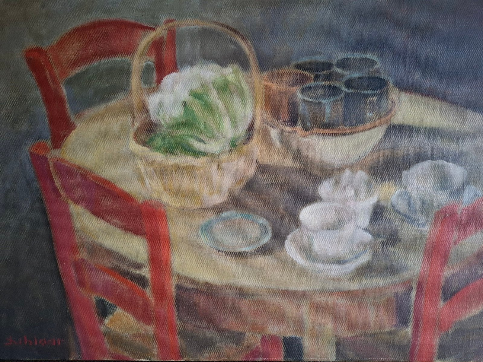 KITSLAAR Hans "Gedekte tafel met rode stoelen " olie op doek