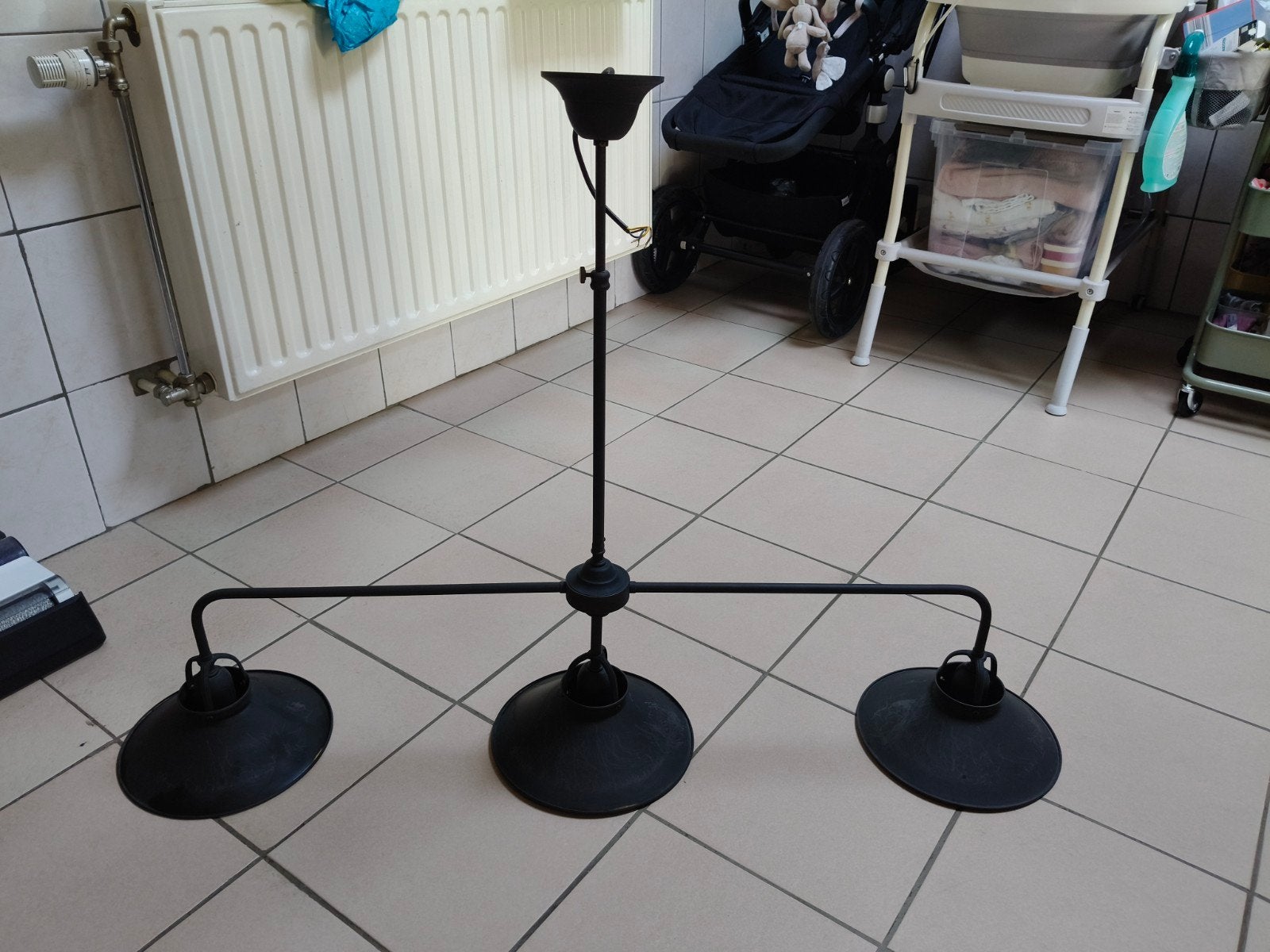 Zwarte 3-licht hanglamp, Huis en Inrichting, Lampen | Hanglampen, Ophalen, Gebruikt, Industrieel