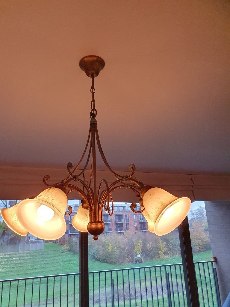 Vintage luster met 5 lichtpunten (werkend), Ophalen, Zo goed als nieuw, Glas