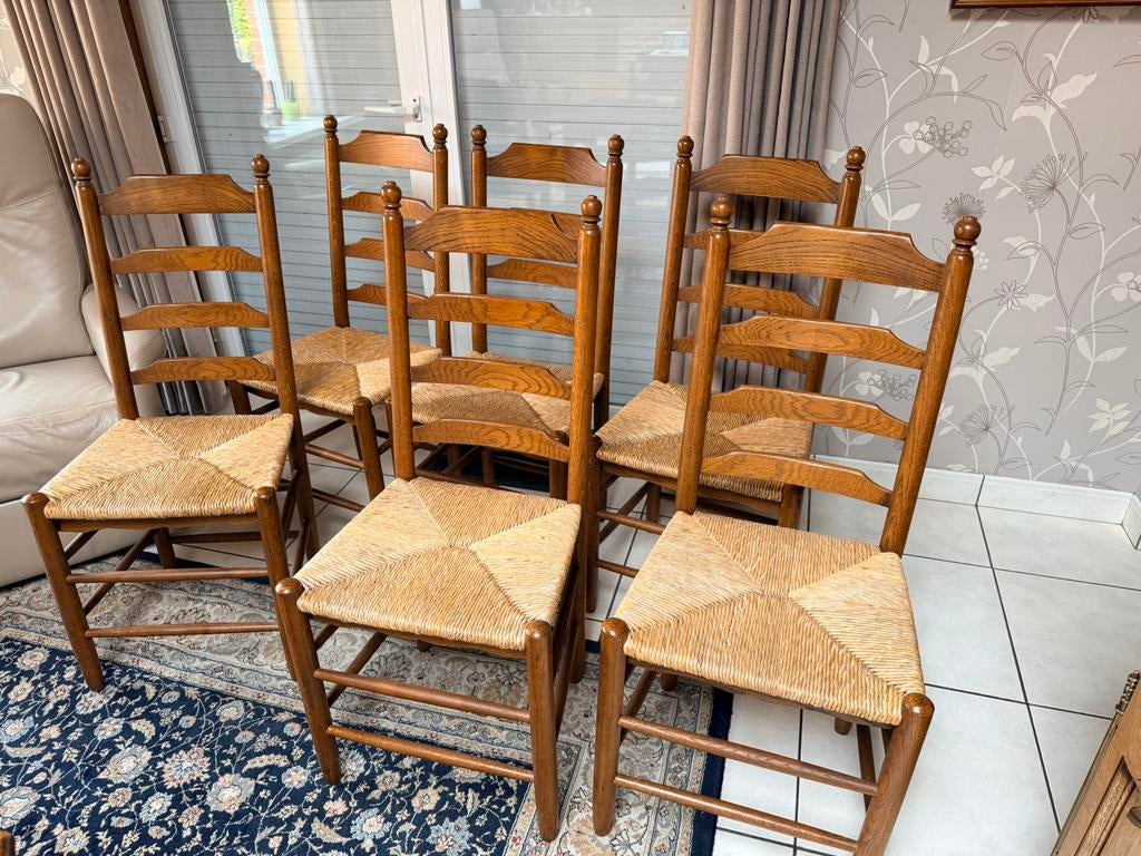 6 eetkamerstoelen, rieten zitting in zeer goede staat, Huis en Inrichting, Ophalen, Zo goed als nieuw, Hout, Vijf, Zes of meer stoelen