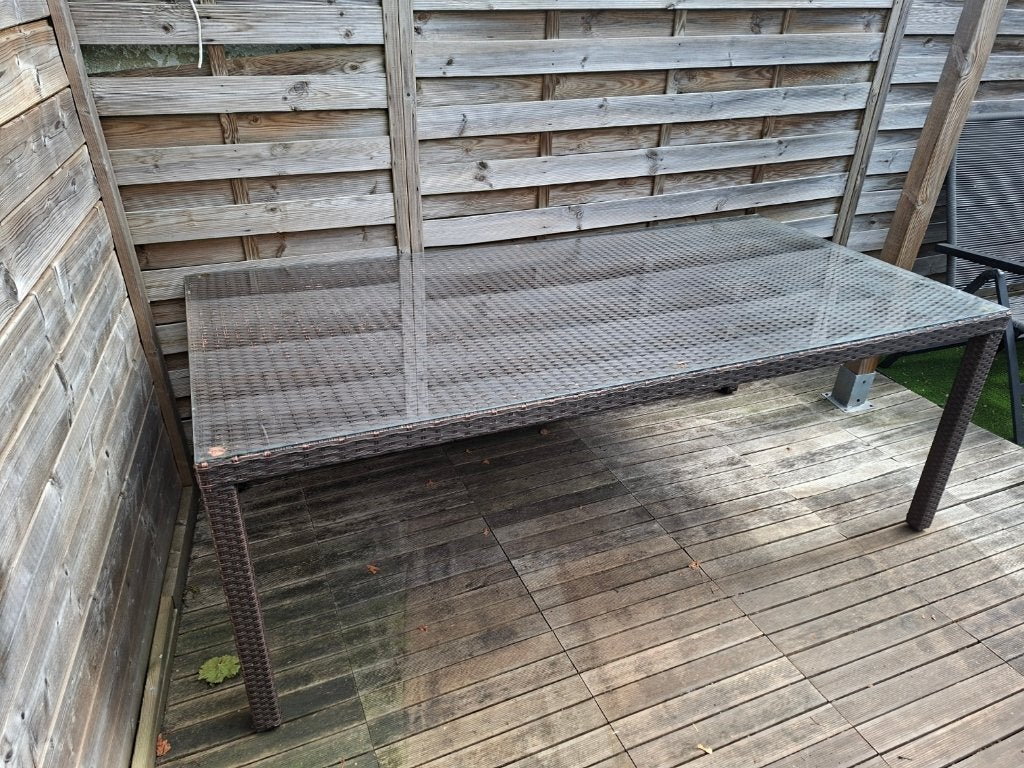 Table de jardin en Wicker avec plateau en verre + 4 chaises., Enlèvement, Utilisé, Rectangulaire, Osier