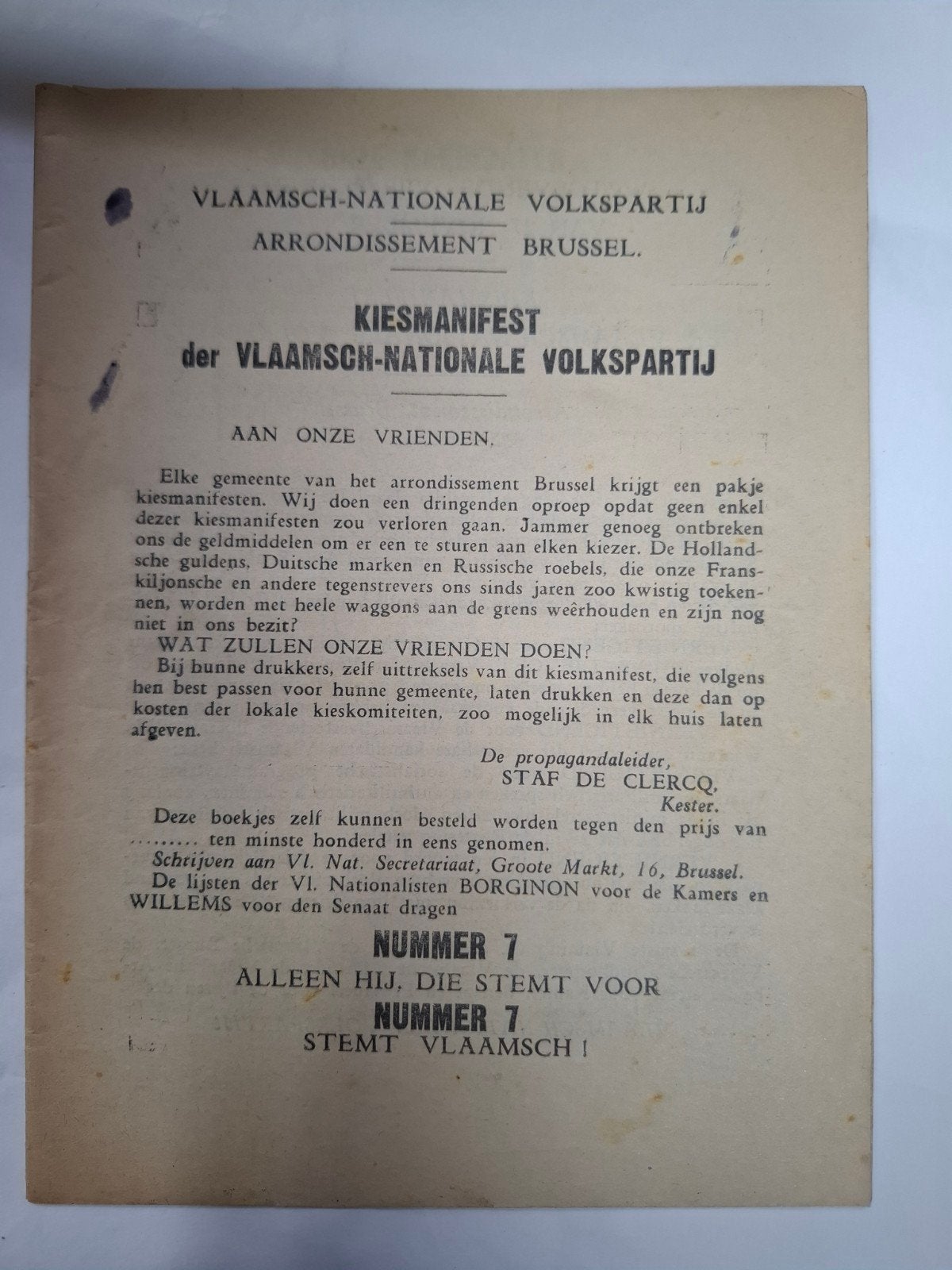 Kiesmanifest der Vlaamsch-nationale volkspartij 1932, Enlèvement ou Envoi