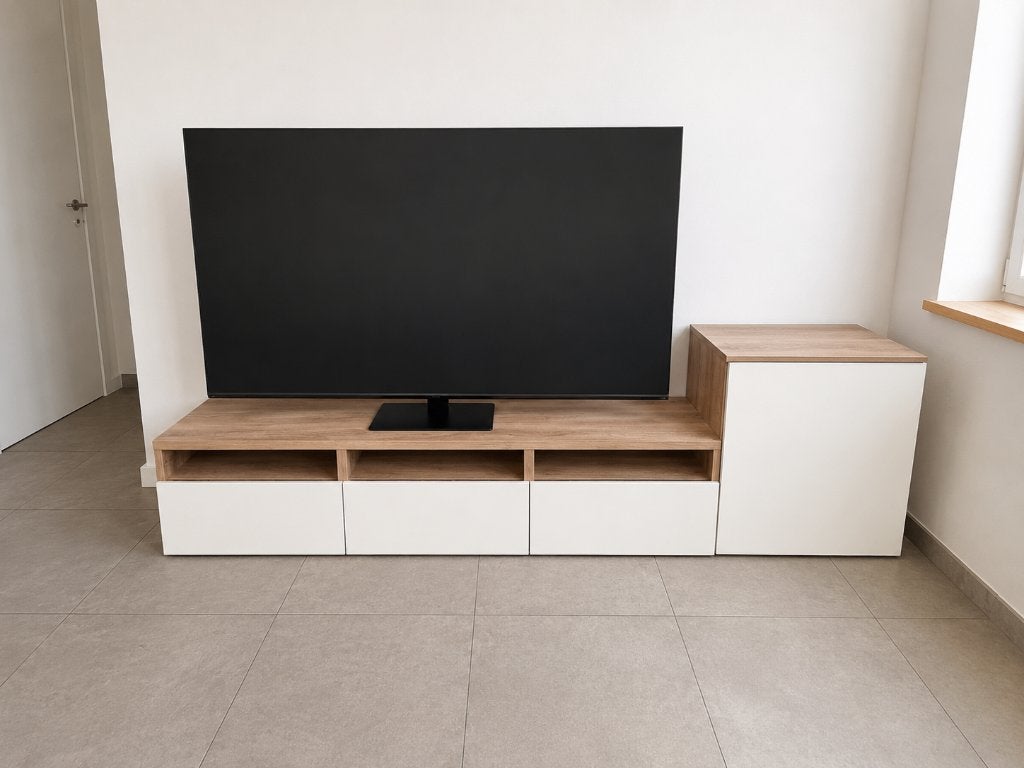 Meuble TV IKEA + cube de rangement, Moderne en bois clair et blanc, 25 à 50 cm, Moins de 100 cm, 150 à 200 cm