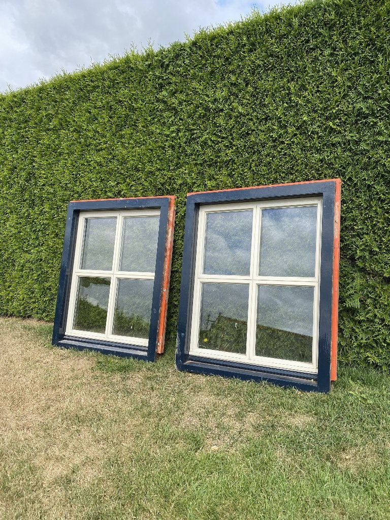 2x Houten Kruiskozijn met Dubbel Glas – 120,5 x 100 cm, Doe-het-zelf en Bouw, Ophalen, Gebruikt, Raamkozijn, Inclusief glas