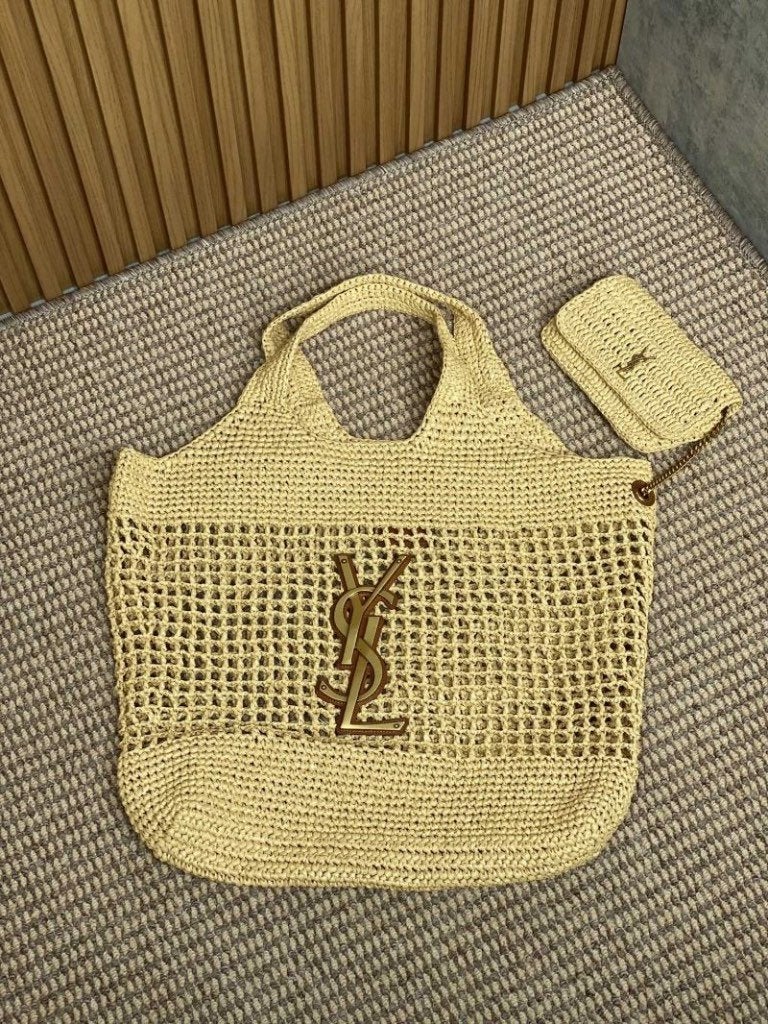 SAINT LAUREN YSL ICARE RAFFIA CREME TOTE BAG, Ophalen of Verzenden, Nieuw, Beige, Schoudertasje