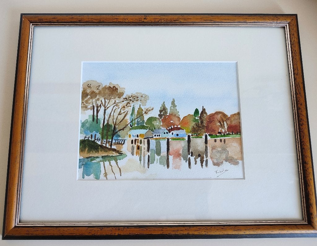 Belle aquarelle, maisons au bord de l'eau, Antiquités & Art, Art | Peinture | Classique, Enlèvement ou Envoi, Aquarelle, Paysage