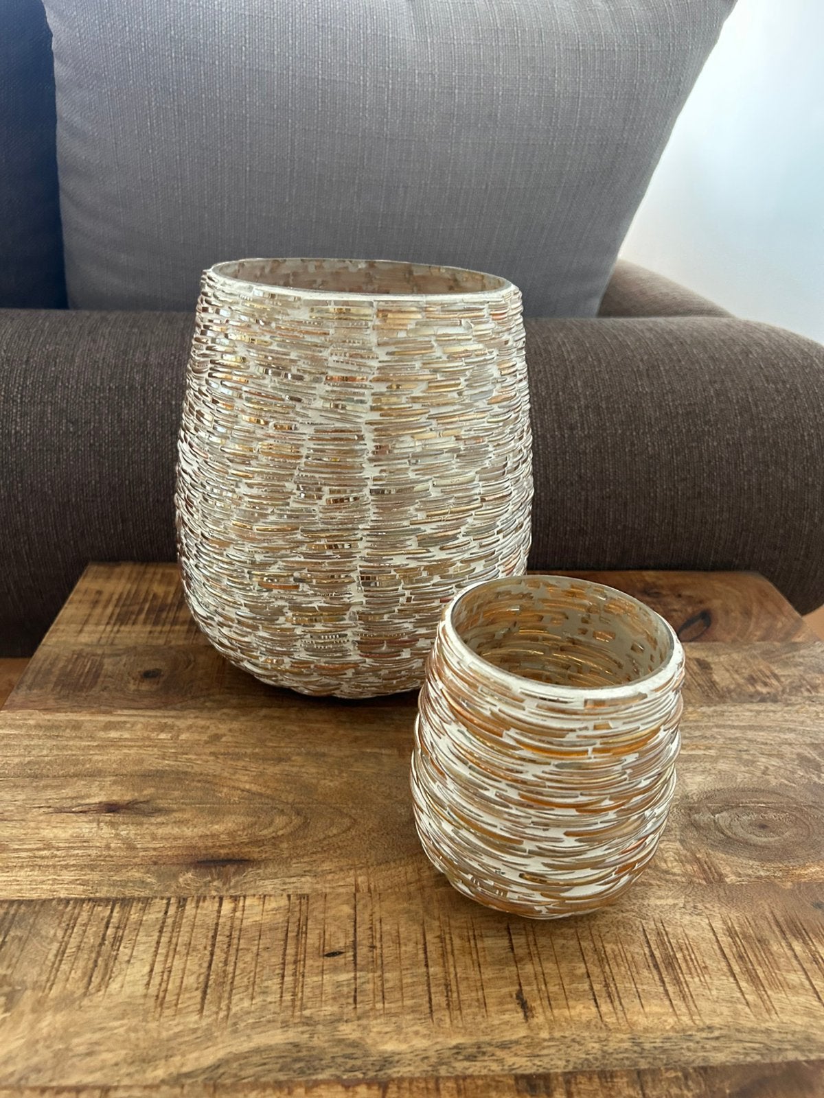Set van 2 decoratieve vazen / windlichten – beige goud, Enlèvement, Comme neuf, Beige, Verre