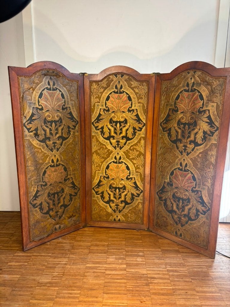 Antiek drieluiks kamerscherm(paravent)goudleer eind 19e eeuw, Antiek en Kunst, Ophalen of Verzenden