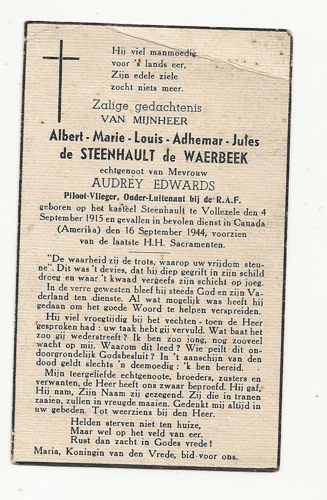 ww2 doodsprentje piloot de steenhault de waerbeek + 1944, Ophalen of Verzenden, Luchtmacht, Overige typen
