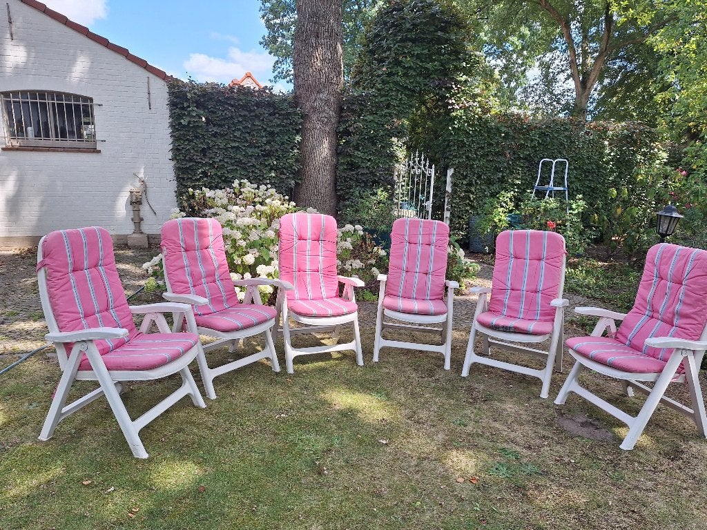 6 tuinstoelen met bijhorende kussens, Ophalen, Gebruikt, Kunststof, Verstelbaar