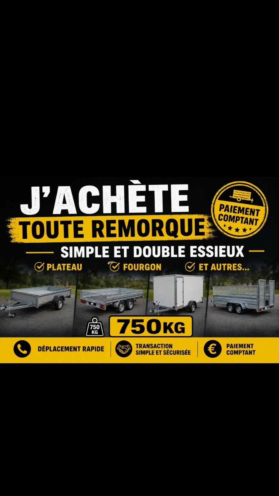 remorque plateau fourgon et autre en 750 kg, Enlèvement ou Envoi