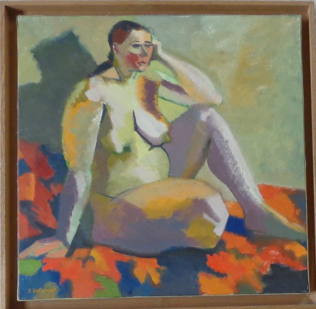 YOLANDE DELCOURT / PENSIVE / OLIEVERF DOEK / 66x66cm / KADER, Enlèvement ou Envoi, Signé, Peinture à l'huile