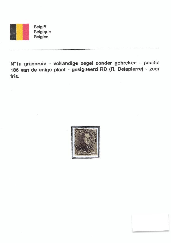 OCB n 1 article 186 de la planche - 4 bords bien margés, Affranchi, Timbre-poste, Maison royale, Envoi