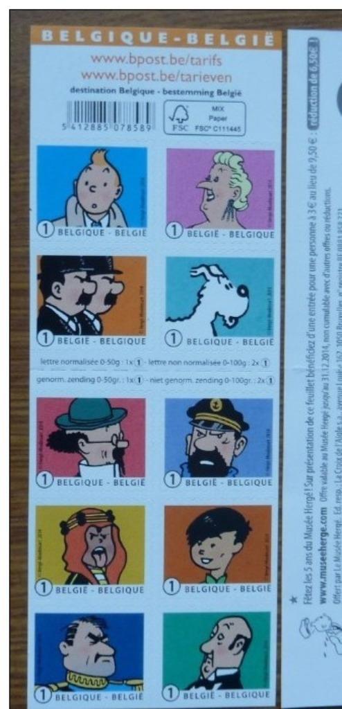 2014- TINTIN  10 x 1.63 € valeur 2026---TIMBRE AUTO COLLANT, Collections, Personnages de BD, Enlèvement ou Envoi, Tintin