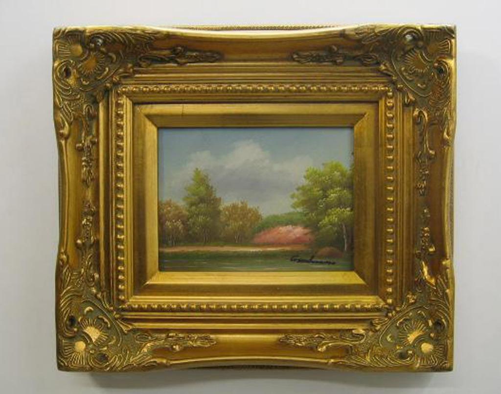 Schilderij op doek 'Woud en meer' - houten kader 39x36cm, Antiquités & Art, Art | Peinture | Classique, Envoi