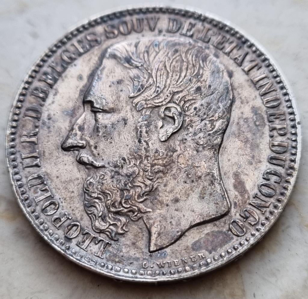 5 Francs 1887 Belgisch Congo / Leopold II, Zilver, Ophalen of Verzenden, Losse munt, Zilver