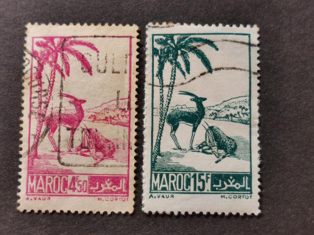 Marokko 1945 - wilde dieren - gazelle onder palmboom, Postzegels en Munten, Ophalen of Verzenden, Marokko, Gestempeld