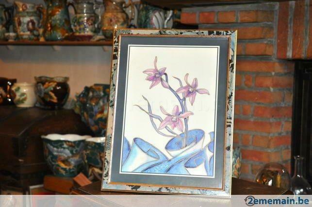 encadrement en bois marbré avec dessin orchidées