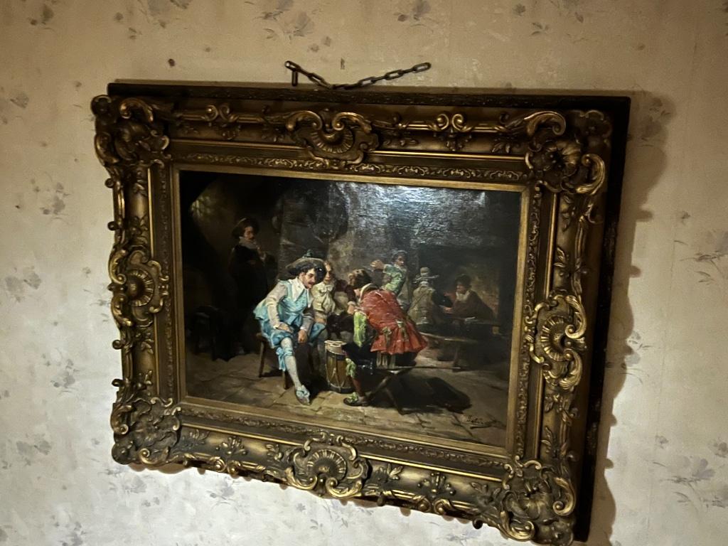 Groot schilderij drie musketiers in  taverne  gesigneerd, Ophalen