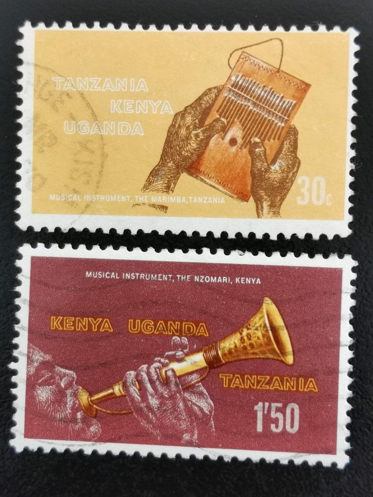 Kenya-Tanz-Uganda 1970 - traditionele muziekinstrumenten, Ophalen of Verzenden, Gestempeld