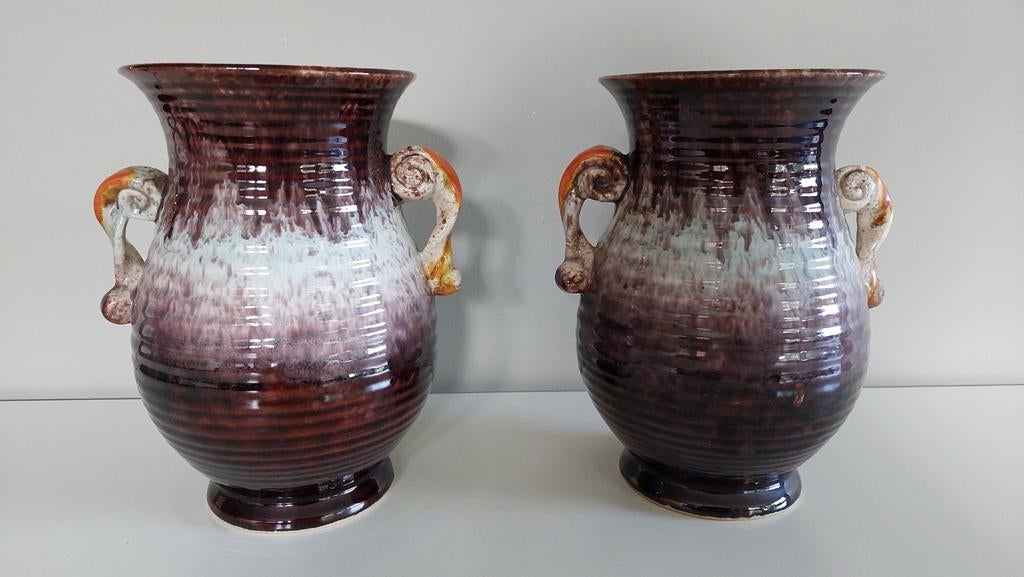 2 identieke vintage Ü-keramik druipglazuur vazen 550 20, Antiek en Kunst, Ophalen of Verzenden