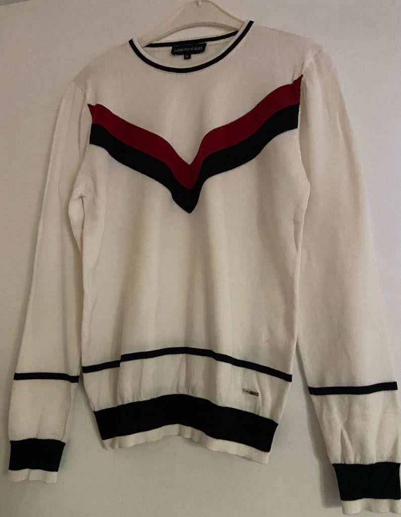 Pull crème à motif V rouge et bleu, Enlèvement ou Envoi, Giorgio di Mare, Blanc, Taille 42/44 (L)