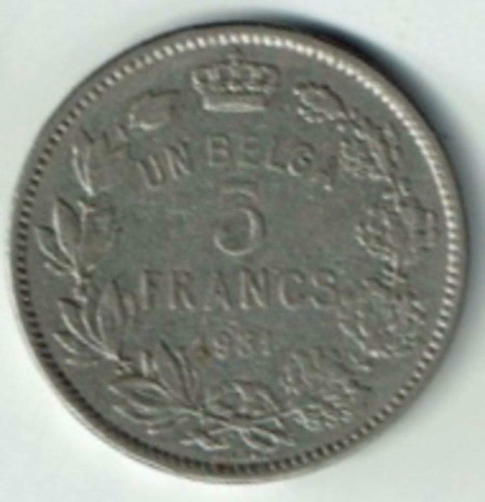 5 Francs un Belga België FR 1931 pos.A, Postzegels en Munten, Verzenden, Overig, Losse munt
