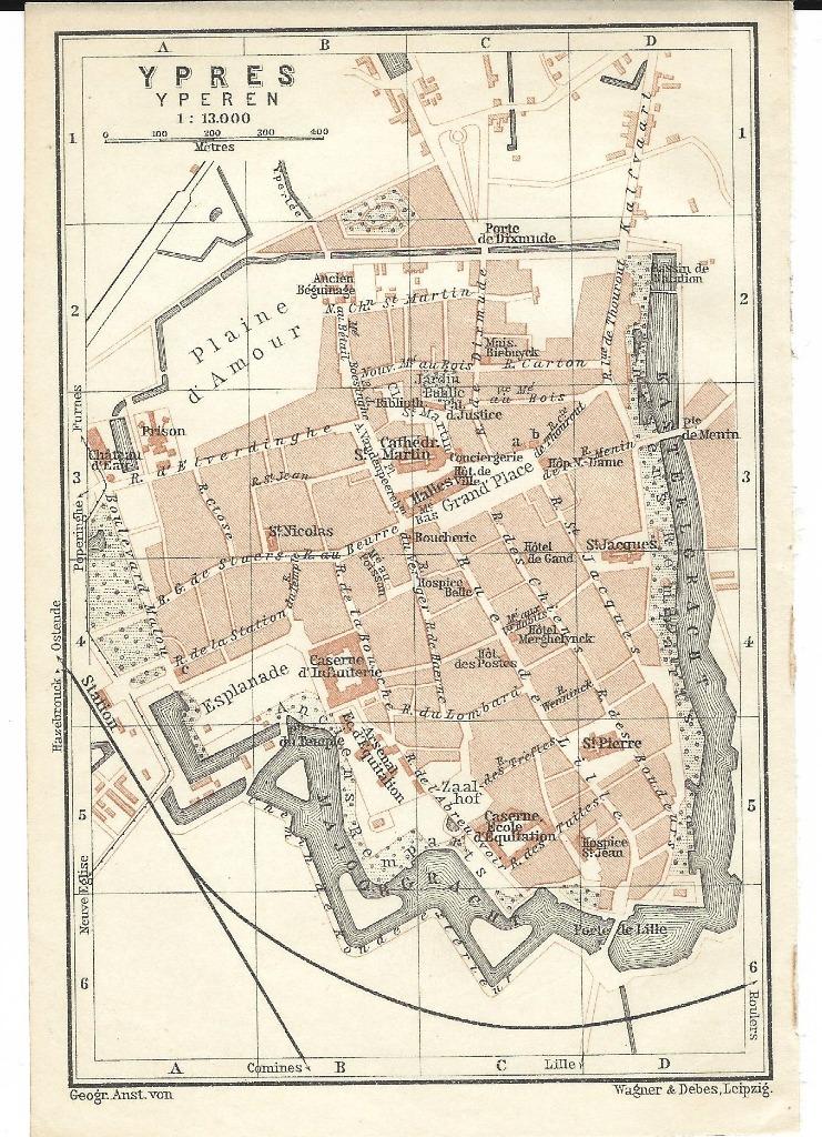 1905 - Ieper stadsplannetje, Antiek en Kunst, Kunst | Etsen en Gravures, Verzenden
