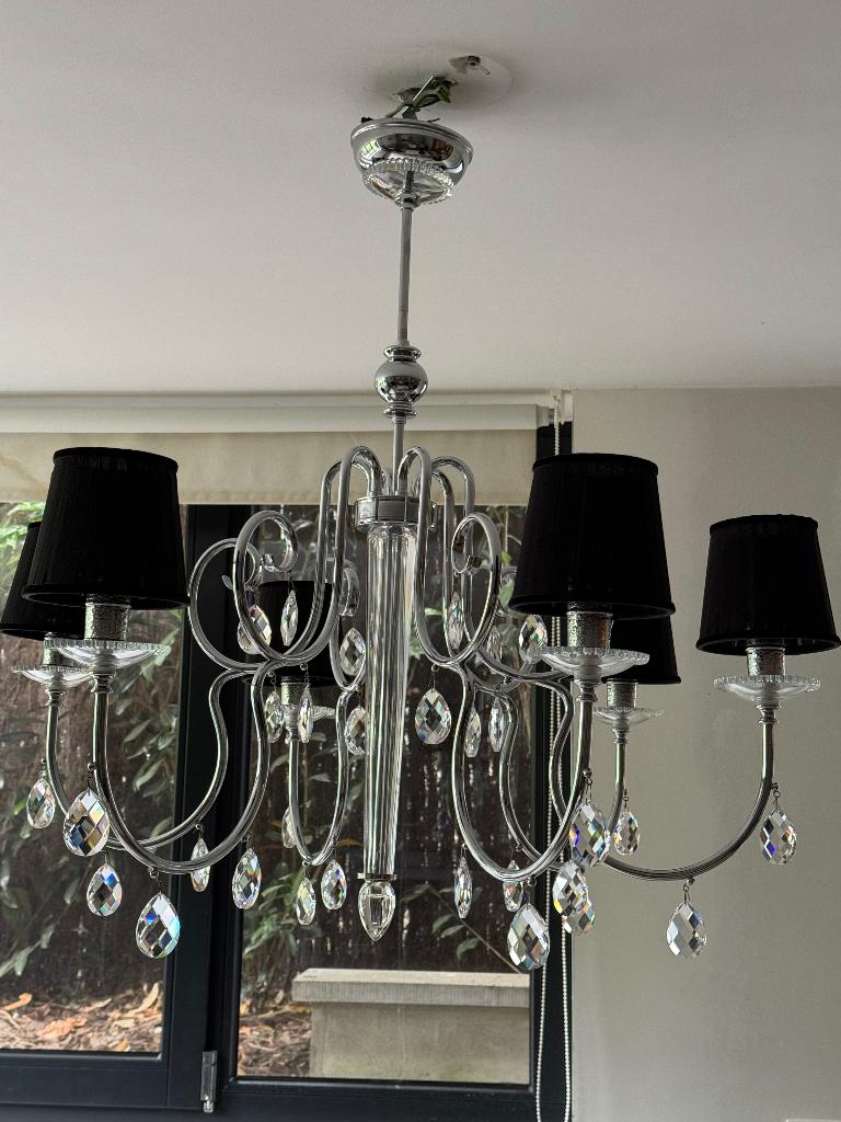 Murano-kristallen kroonluchterophanging 6 zwart lampenkappen, Huis en Inrichting, Ophalen, Zo goed als nieuw, Glas