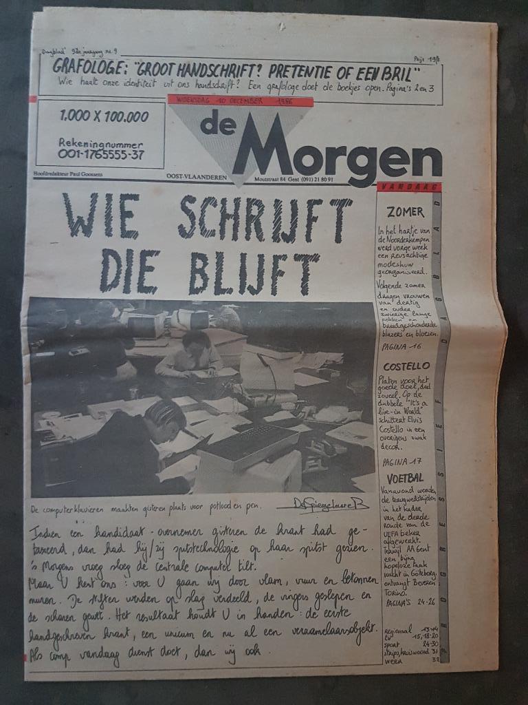 Gazet Krant : de Morgen 1986 handgeschreven manuscript, Verzamelen, Ophalen of Verzenden, 1980 tot heden, Krant