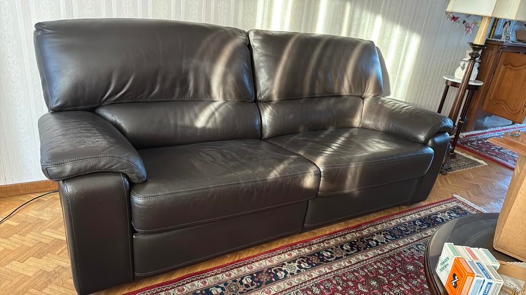 Elektrische lederen relaxzetel, donkerbruin., Ophalen, Gebruikt, 125 tot 150 cm, Leer