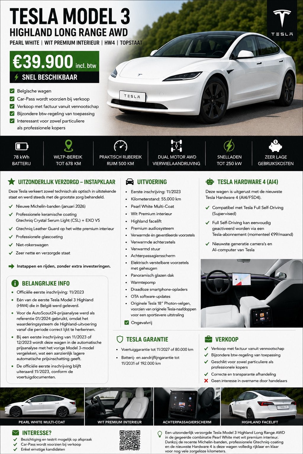 Tesla Model 3 Highland LR AWD | Intérieur blanc | HW4, Autos, Tesla, Achat, Particulier, Pompe à chaleur, Quatre roues motrices / 4X4