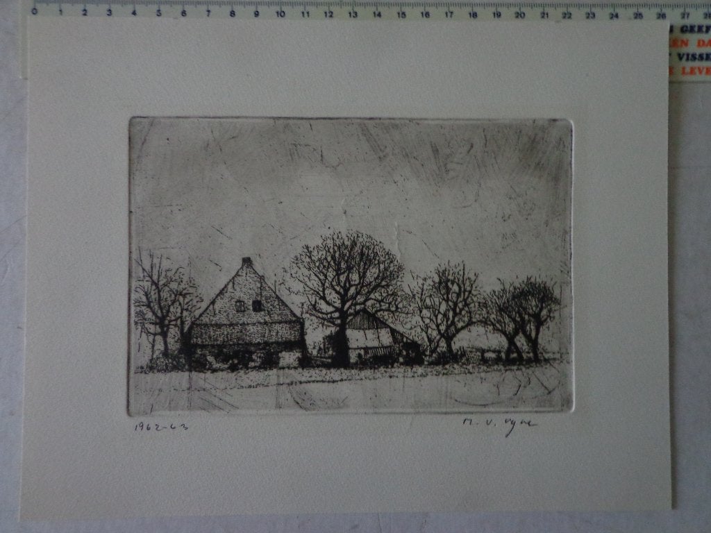 ets Marianne Van Vyve Landschap met huizen en bomen 1962-63, Eau-forte, Enlèvement ou Envoi, 1950 - 1999, Paysage