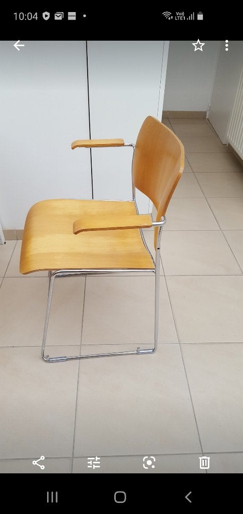 6 houten stapelstoelen David Rowland met armleuning, Ophalen, Gebruikt, Vintage, Vijf, Zes of meer stoelen