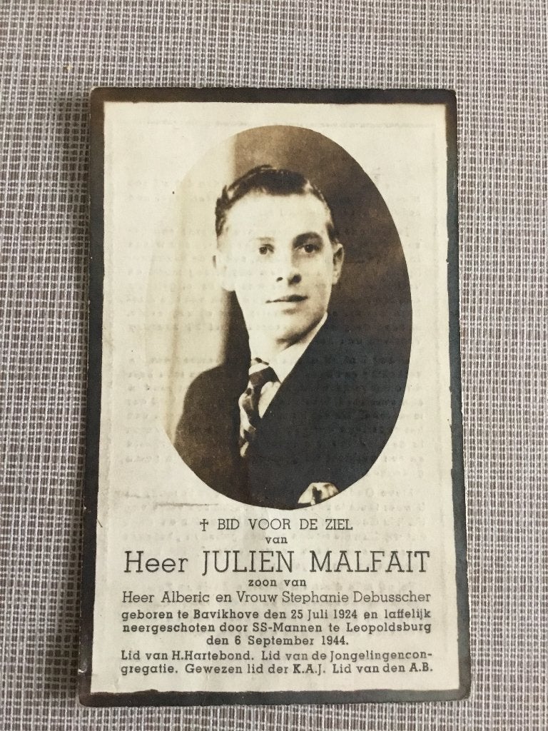 Oorlogsslachtoffer J.Malfait Bavikhove gefusilleerd 1944 SS, Ophalen of Verzenden, Bidprentje