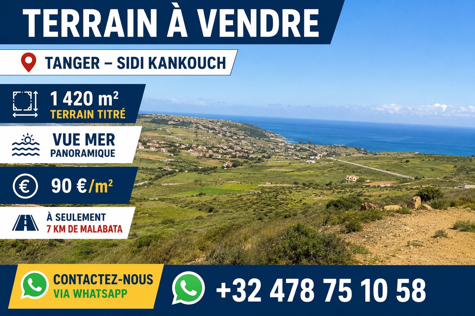 Terrain  à Tanger maroc vue sur mer, Immo, 1000 tot 1500 m²