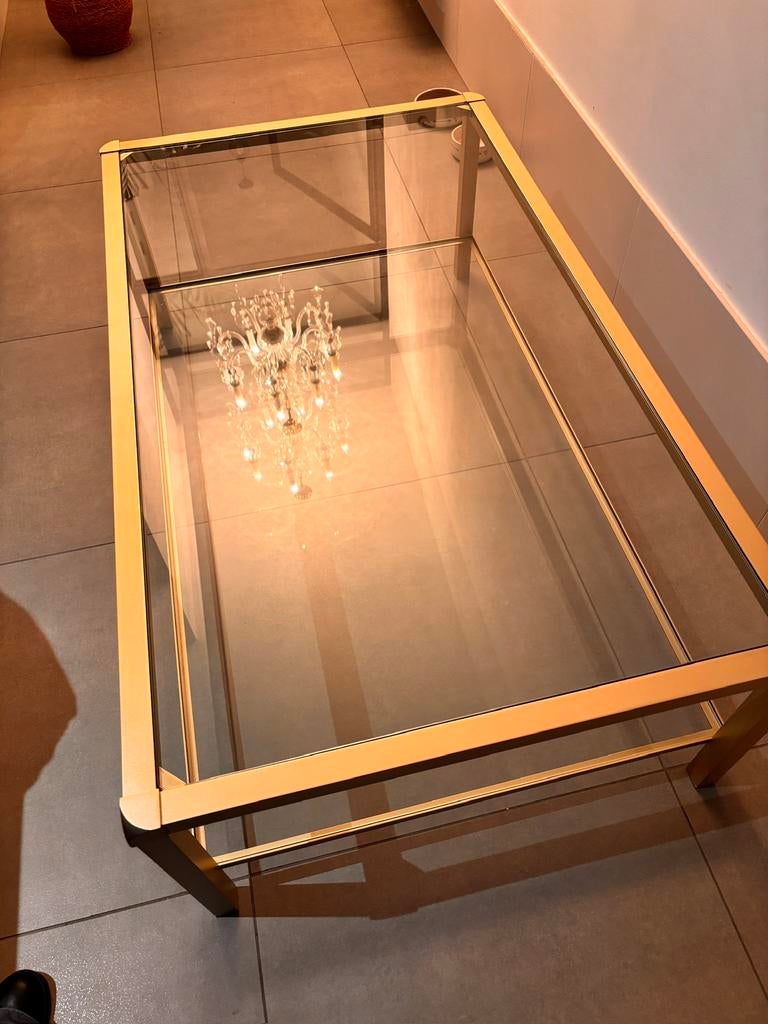 Glazen salontafel met goudkleurig frame - 120x70 cm, Huis en Inrichting, Ophalen, Zo goed als nieuw