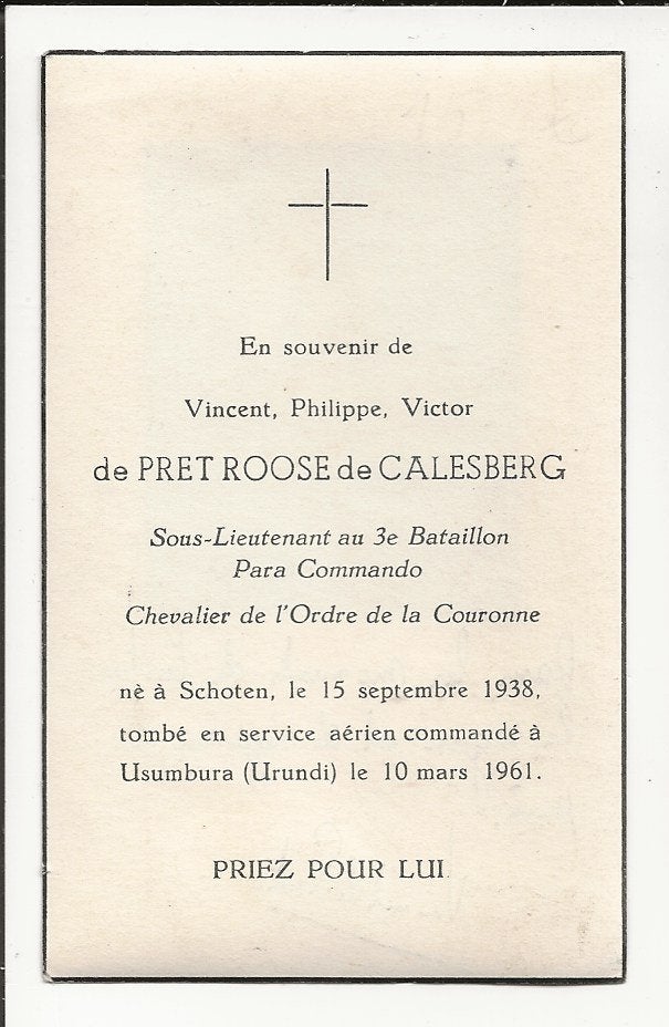 doosprentje foto para 1961+ urundi congo de pret loose adel, Verzamelen, Bidprentjes en Rouwkaarten, Ophalen of Verzenden, Bidprentje