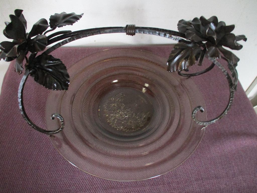COUPE À FRUITS ART DÉCO AVEC SUPPORT EN MÉTAL ET FLEURS, Enlèvement ou Envoi