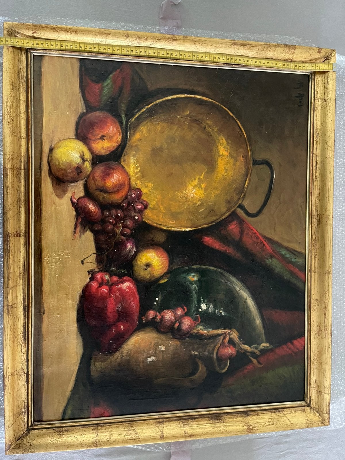 Groot gesigneerd stilleven met fruit en koperen pan, Ophalen, Doek, Stilleven, Gesigneerd